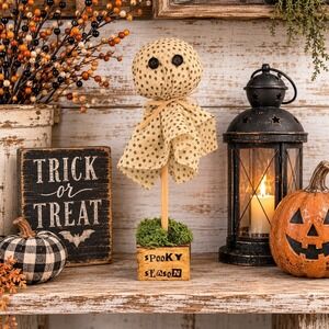 Handmade Primitive Fabric Ghost Spooky Season Wooden Block Shelf Sitter Decor